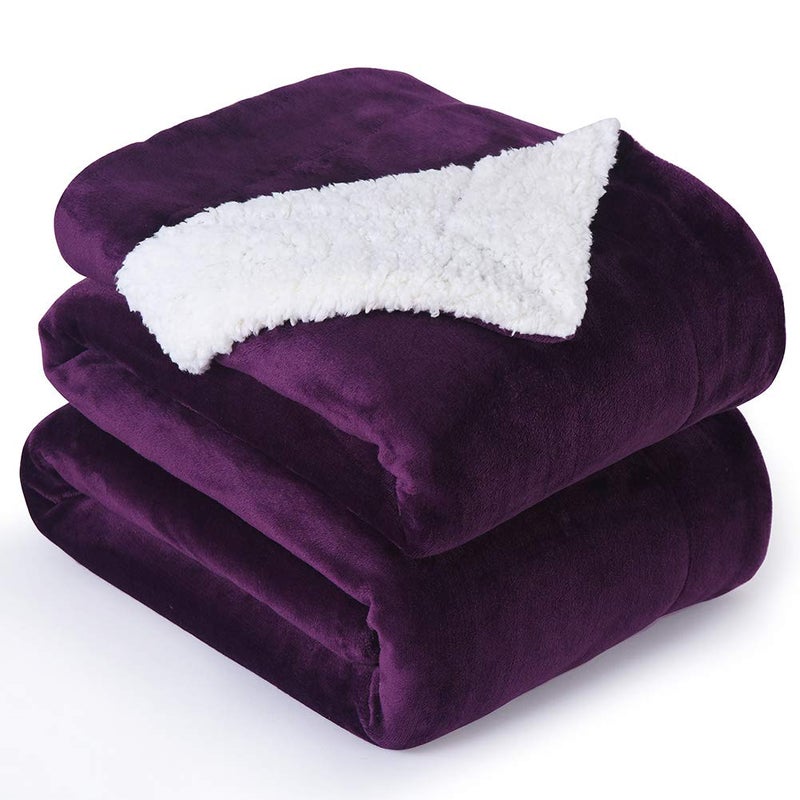 NANPIPER Bed Blanket Reversible Sherpa Flannel Blanket Super Soft Fuzzy Lightweight Fleece Microfiber (90"x90" Purple) Queen - Image 1